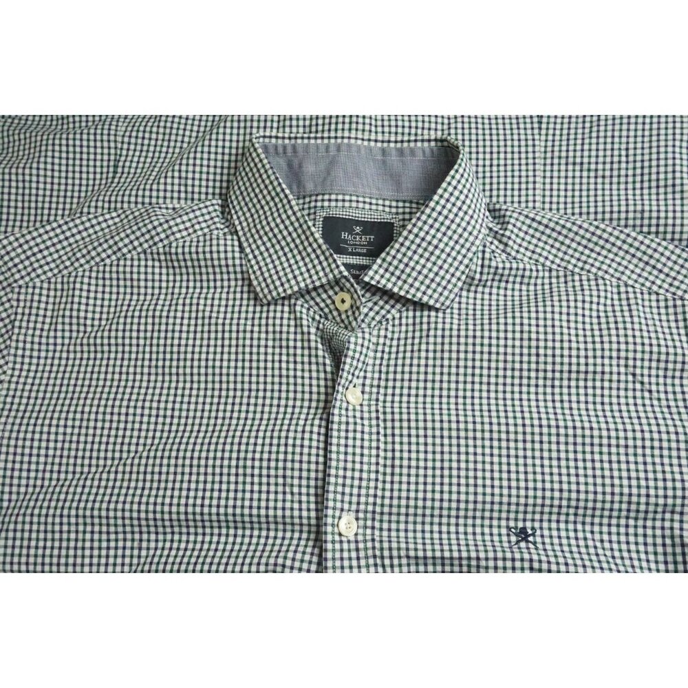 Hackett London Shite Purple Green Plaid Cotton Slim fit Button Up Shirt Sz XL